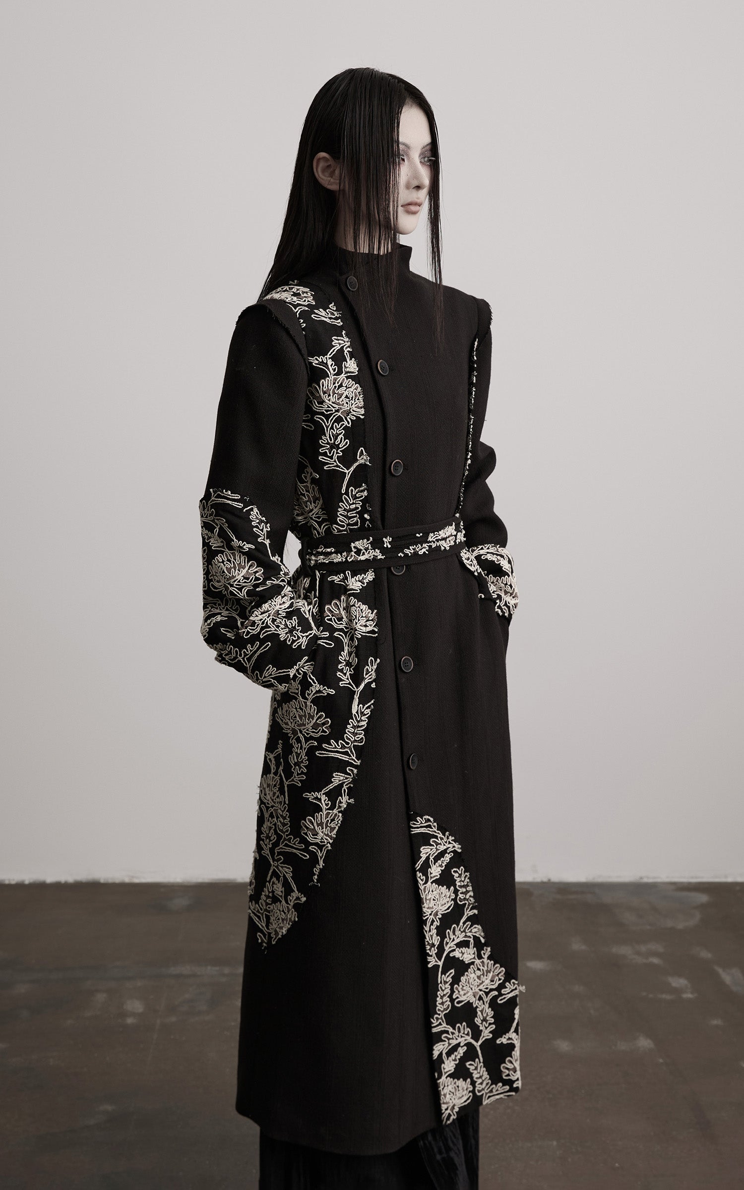 DOINDULGE Embroidered Asymmetric Long Coat