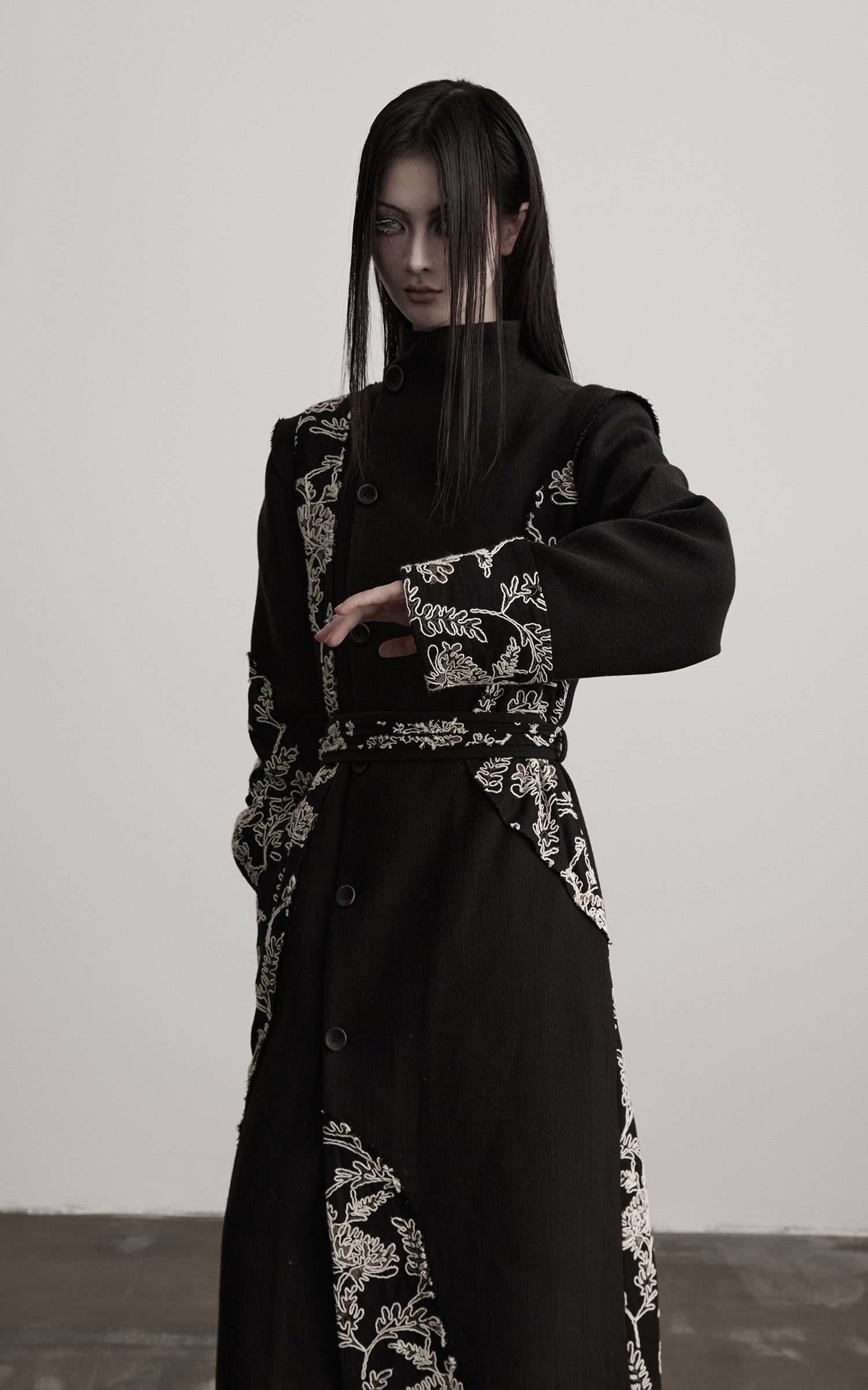 DOINDULGE Embroidered Asymmetric Long Coat