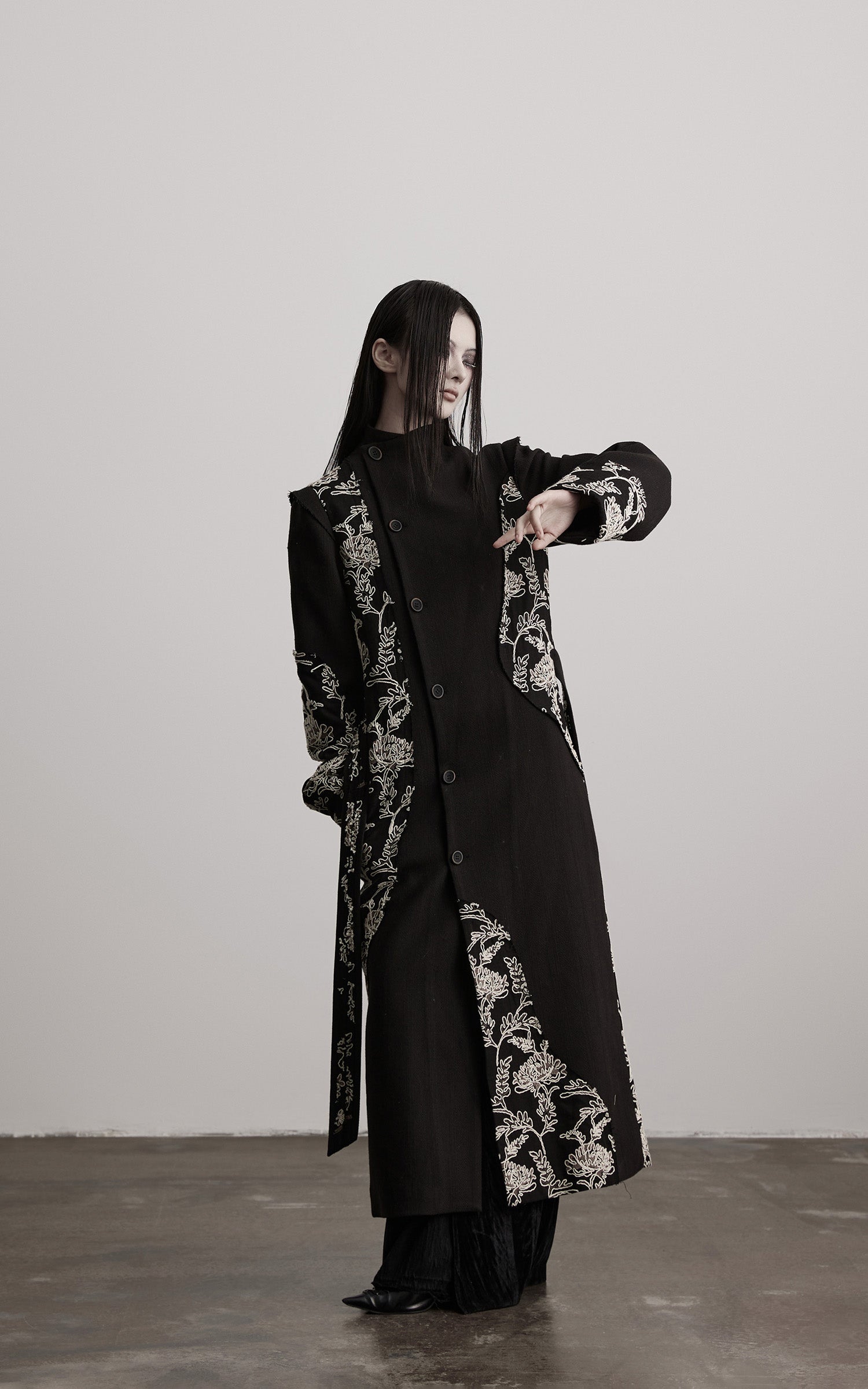 DOINDULGE Embroidered Asymmetric Long Coat
