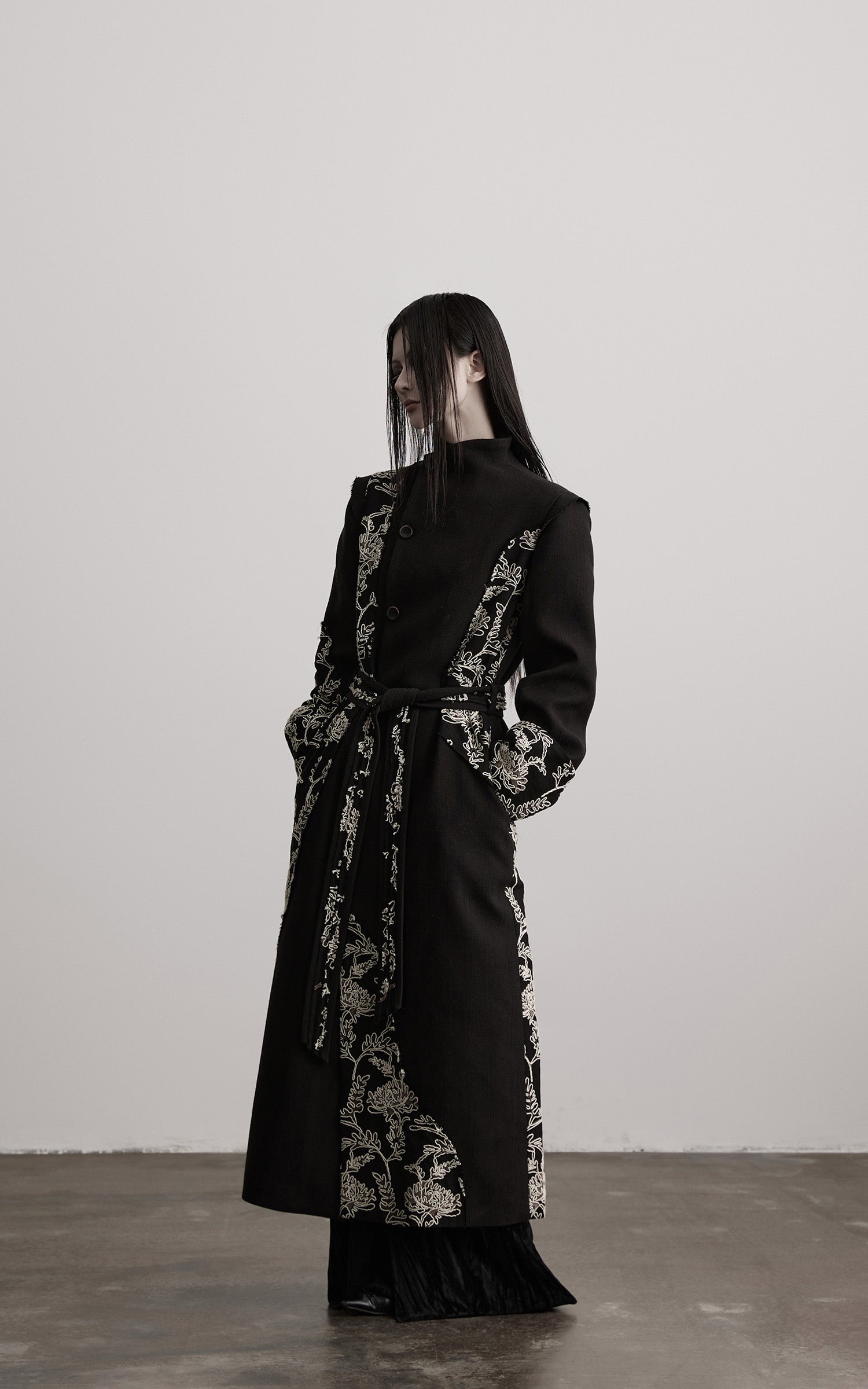 DOINDULGE Embroidered Asymmetric Long Coat