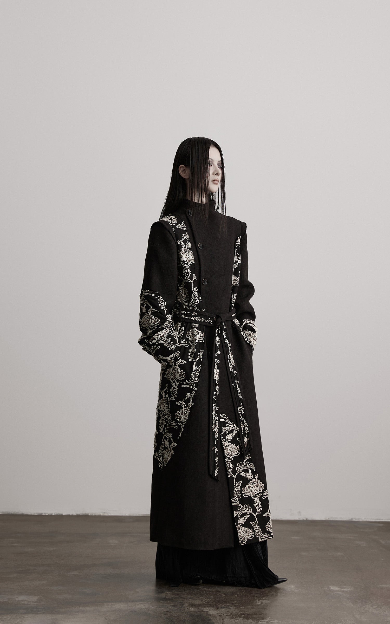 DOINDULGE Embroidered Asymmetric Long Coat