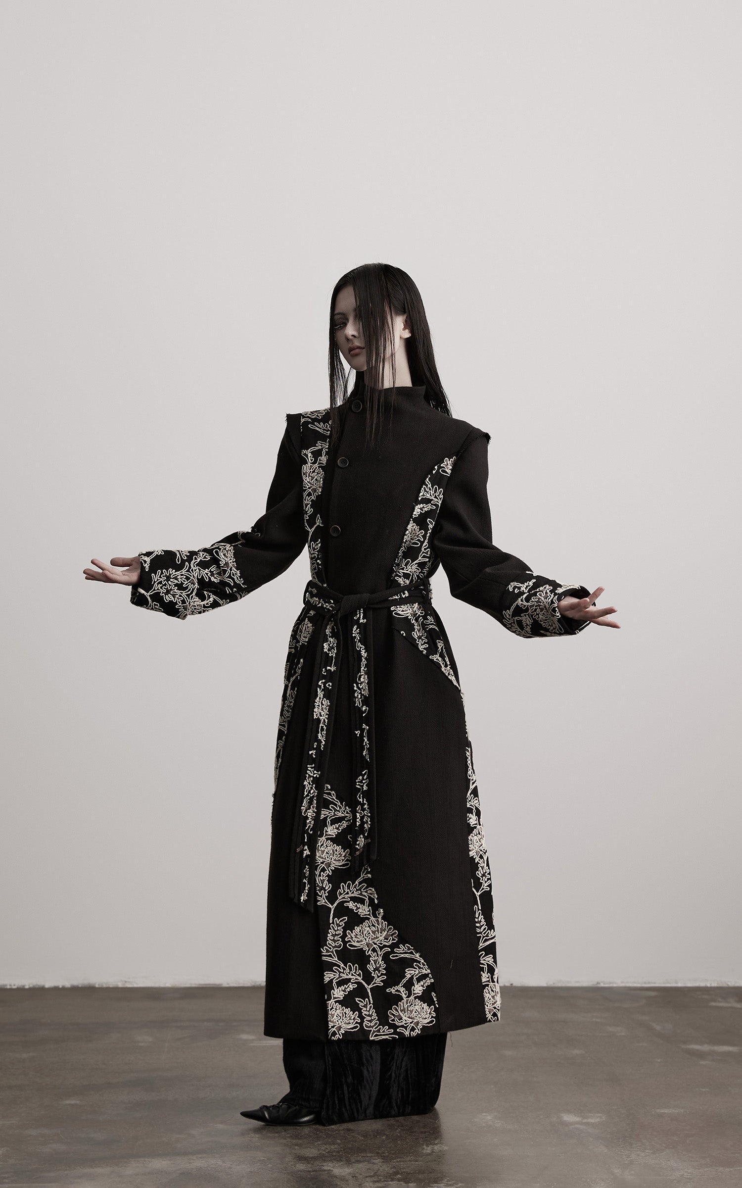 DOINDULGE Embroidered Asymmetric Long Coat