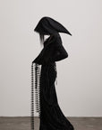 DOINDULGE Long-Hood Gothic Jacket with Lace Trim and Sculpted Corset Detail