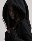 DOINDULGE Long-Hood Gothic Jacket with Lace Trim and Sculpted Corset Detail