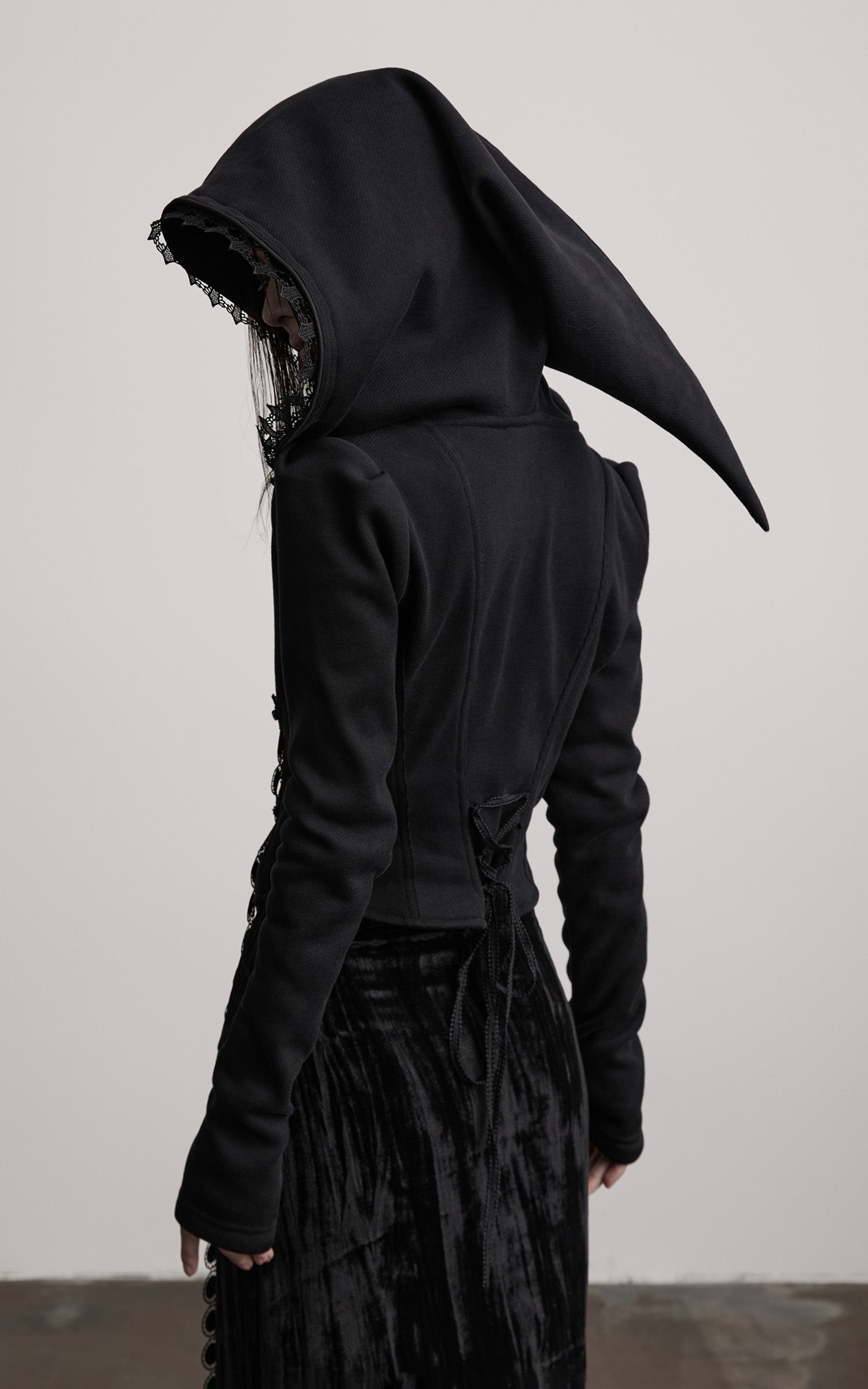 DOINDULGE Long-Hood Gothic Jacket with Lace Trim and Sculpted Corset Detail