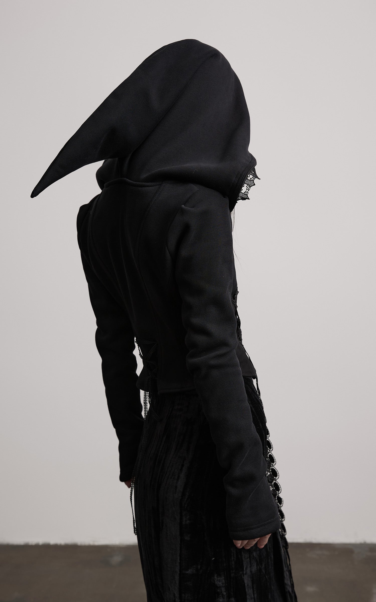 DOINDULGE Long-Hood Gothic Jacket with Lace Trim and Sculpted Corset Detail