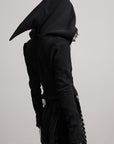 DOINDULGE Long-Hood Gothic Jacket with Lace Trim and Sculpted Corset Detail