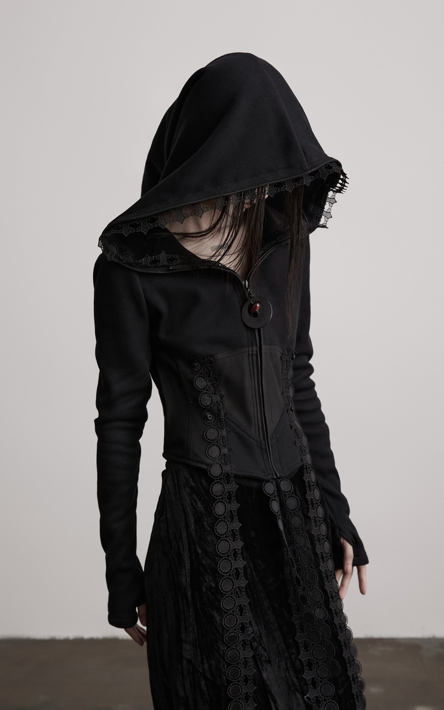 DOINDULGE Long-Hood Gothic Jacket with Lace Trim and Sculpted Corset Detail