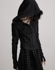 DOINDULGE Long-Hood Gothic Jacket with Lace Trim and Sculpted Corset Detail