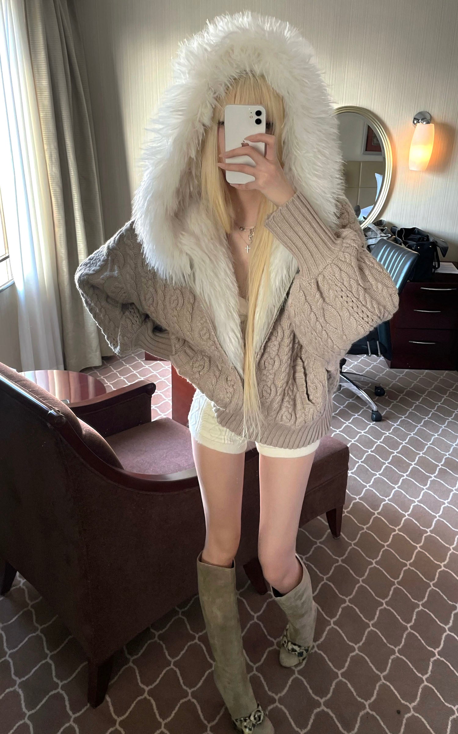 Rase le sol 플러시 안감 후드 케이블 니트 스웨터 자켓