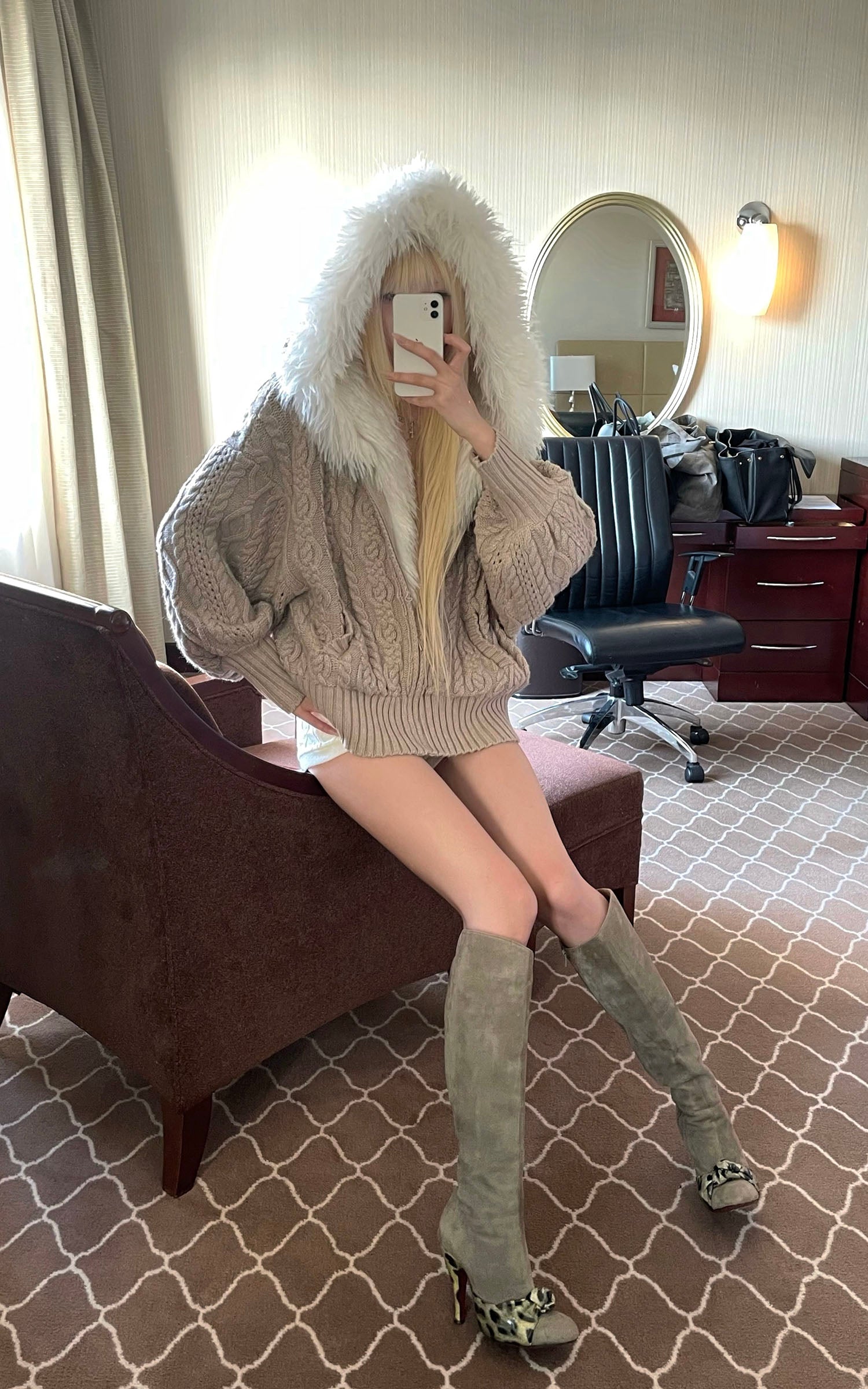 Rase le sol 플러시 안감 후드 케이블 니트 스웨터 자켓