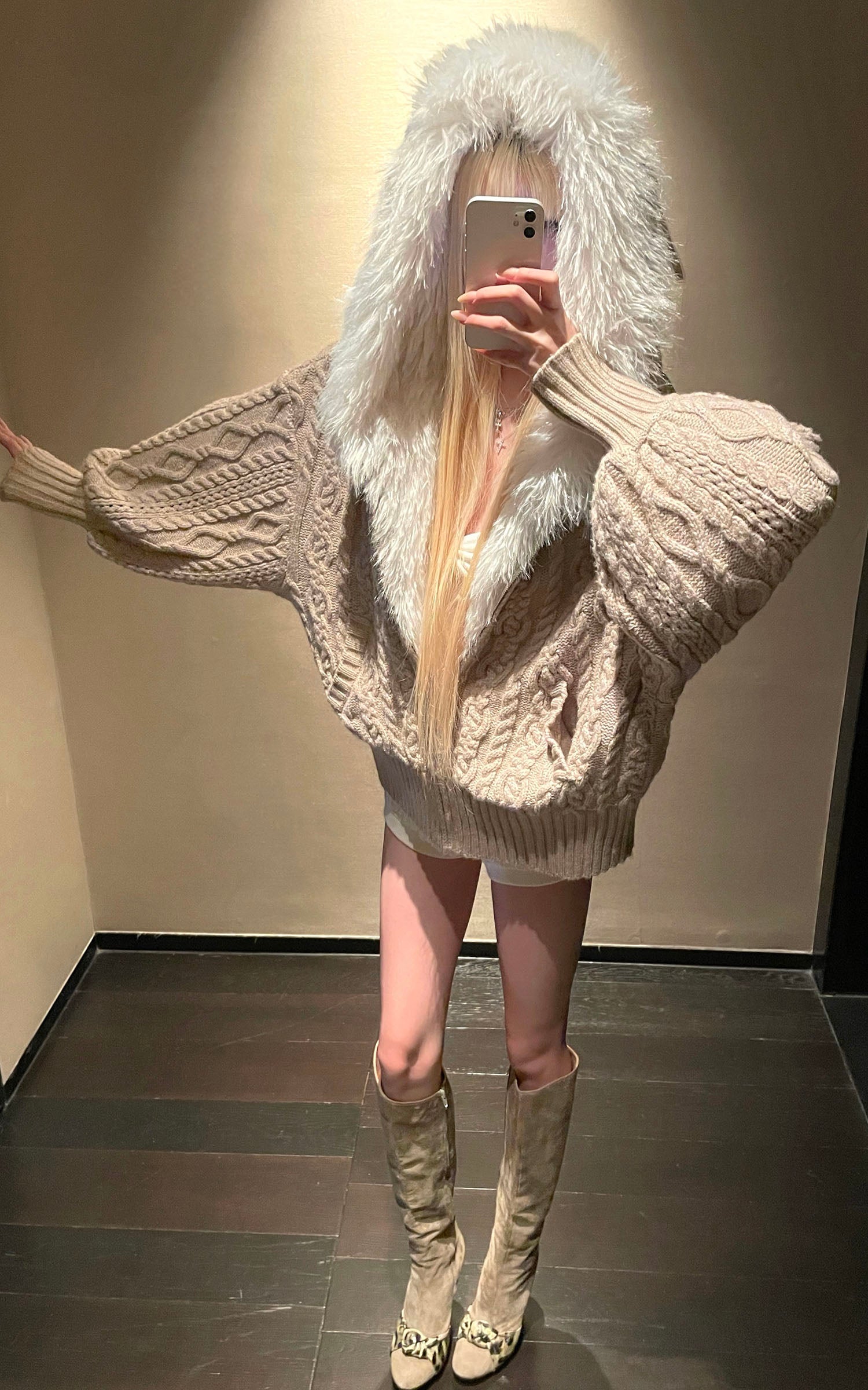 Rase le sol 플러시 안감 후드 케이블 니트 스웨터 자켓