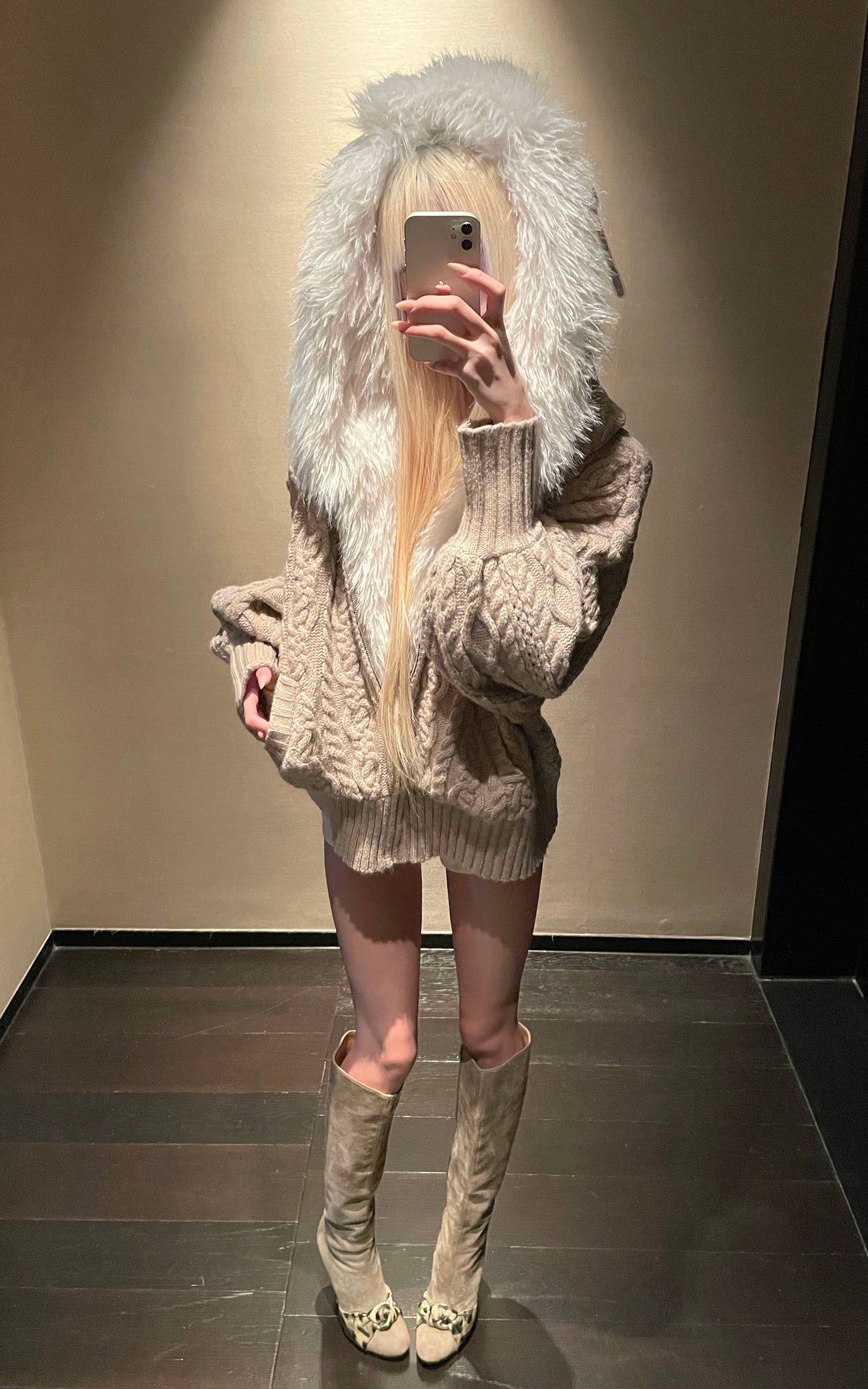 Rase le sol 플러시 안감 후드 케이블 니트 스웨터 자켓