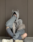 WARDEN EDGE Furry Hood Jacket & Knit Hood Hat Set with Slim Top and Drawstring Shorts