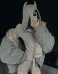 WARDEN EDGE Furry Hood Jacket & Knit Hood Hat Set with Slim Top and Drawstring Shorts