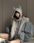 WARDEN EDGE Furry Hood Jacket & Knit Hood Hat Set with Slim Top and Drawstring Shorts