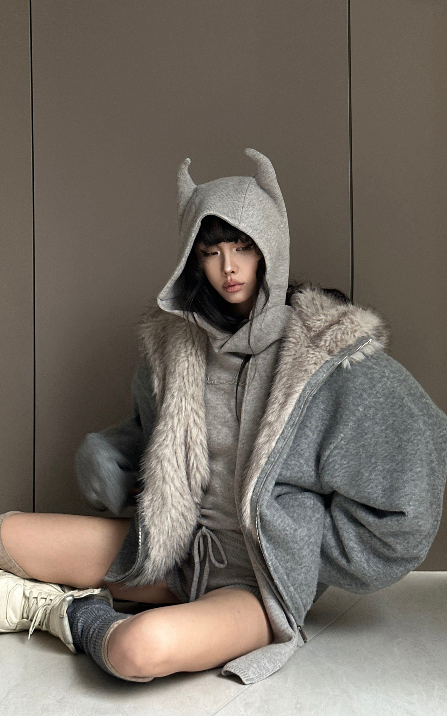 WARDEN EDGE Devil-Horn Knit Hood with Extended Scarf Detail