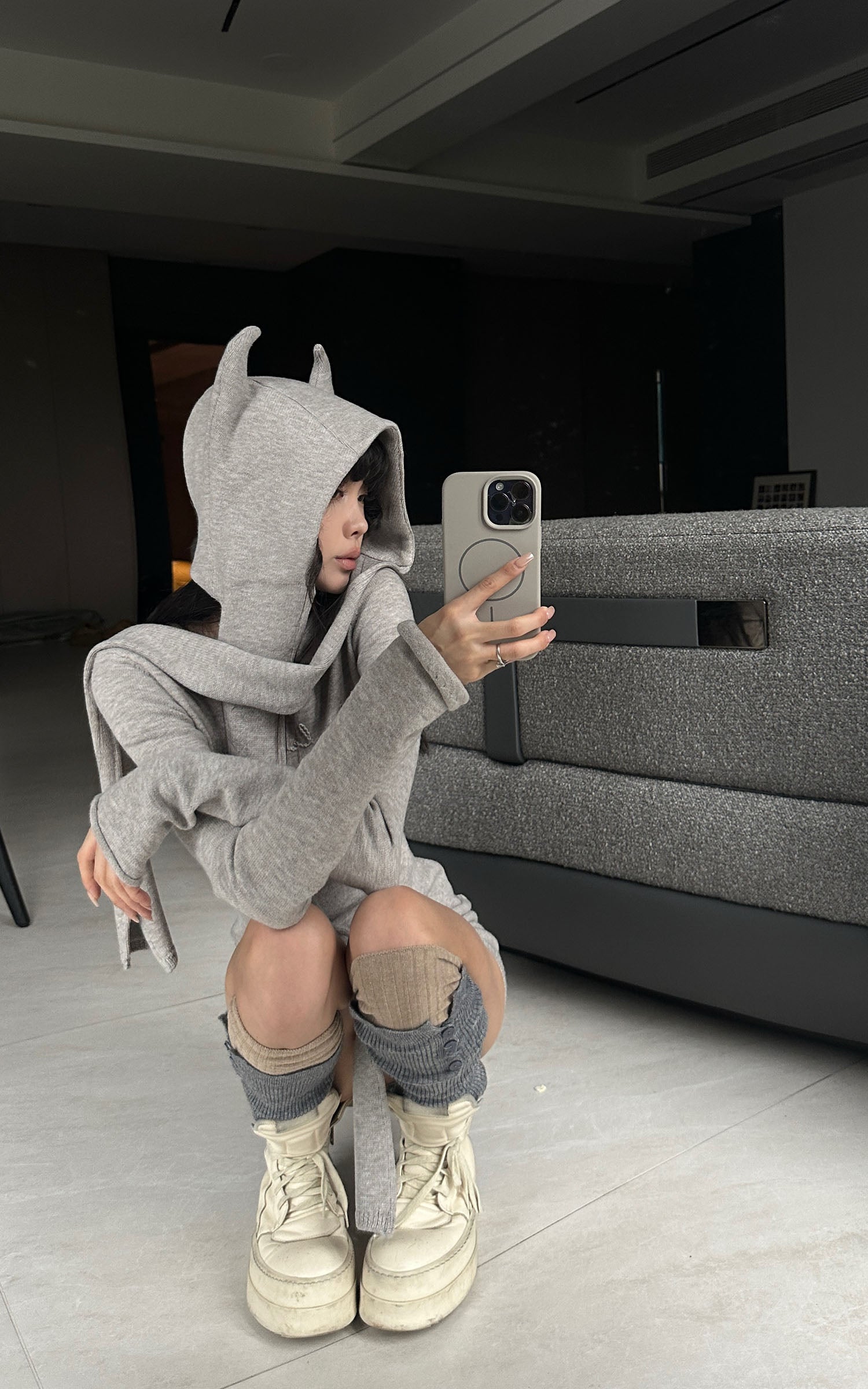 WARDEN EDGE Devil-Horn Knit Hood with Extended Scarf Detail