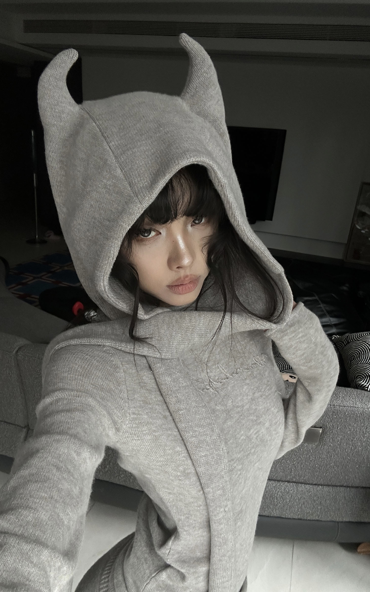 WARDEN EDGE Devil-Horn Knit Hood with Extended Scarf Detail