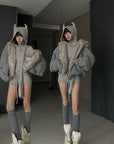 WARDEN EDGE Furry Hood Jacket & Knit Hood Hat Set with Slim Top and Drawstring Shorts