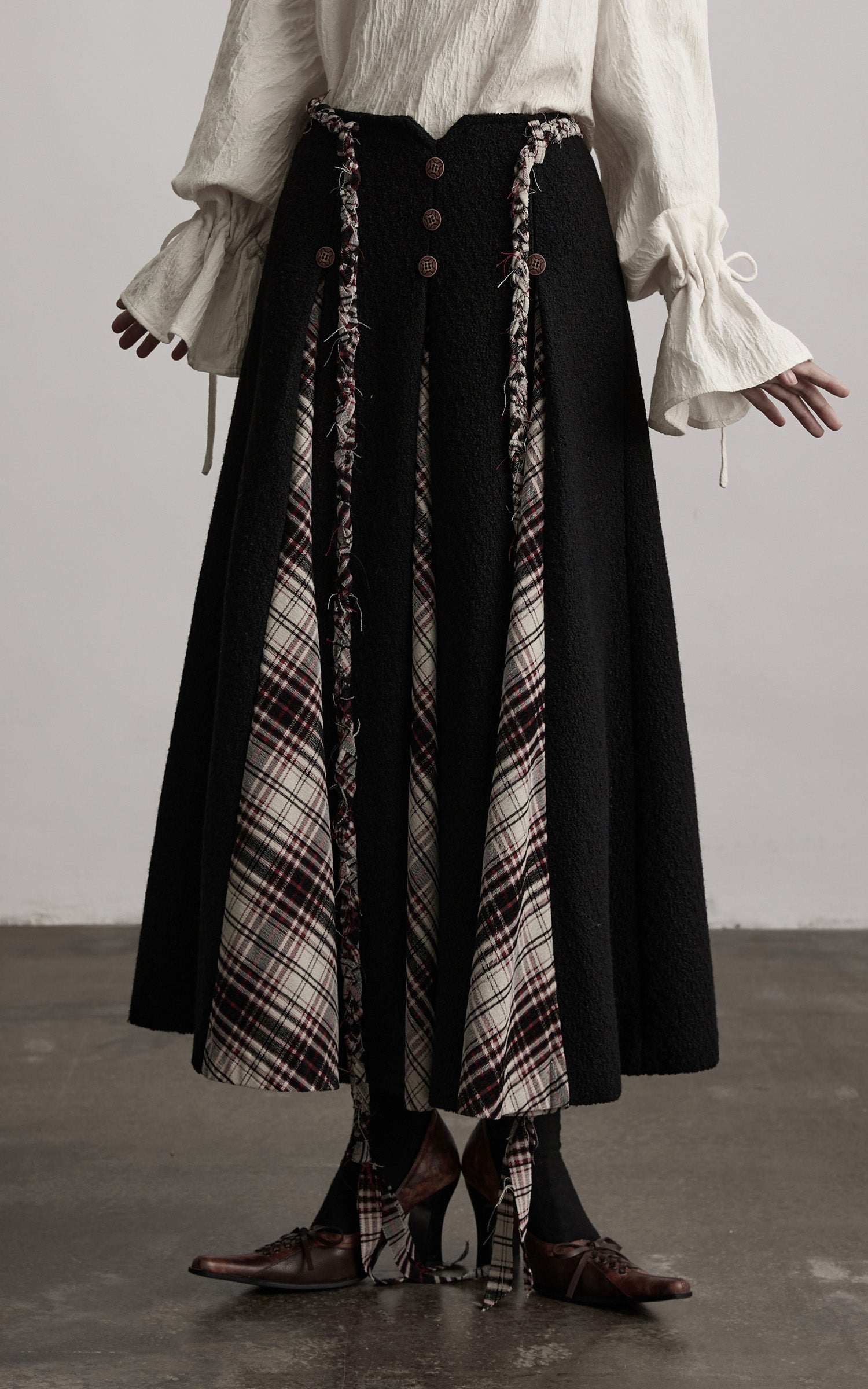 DOINDULGE Panelled Wool Skirt with Braided Trim and Tartan Inserts