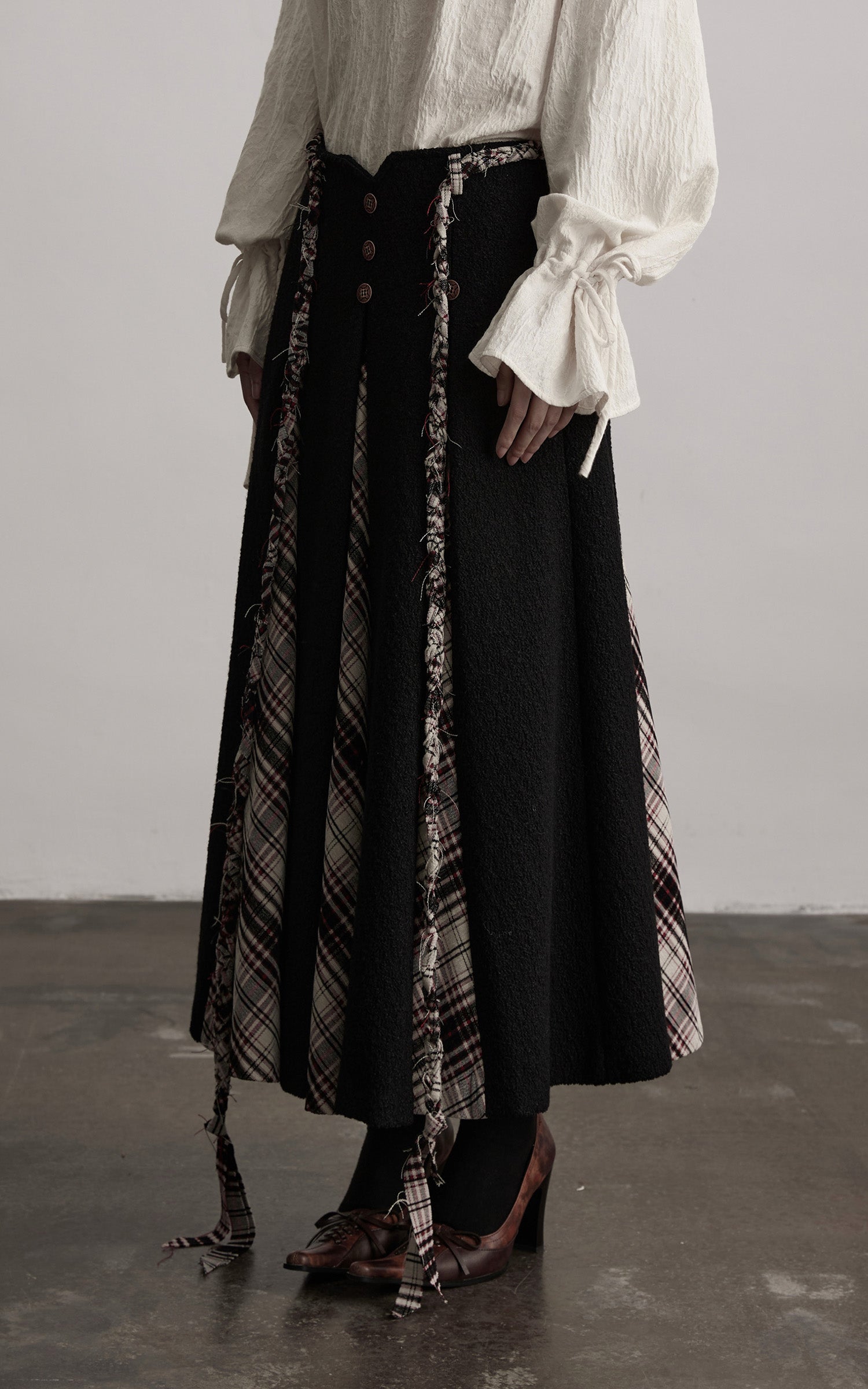 DOINDULGE Panelled Wool Skirt with Braided Trim and Tartan Inserts