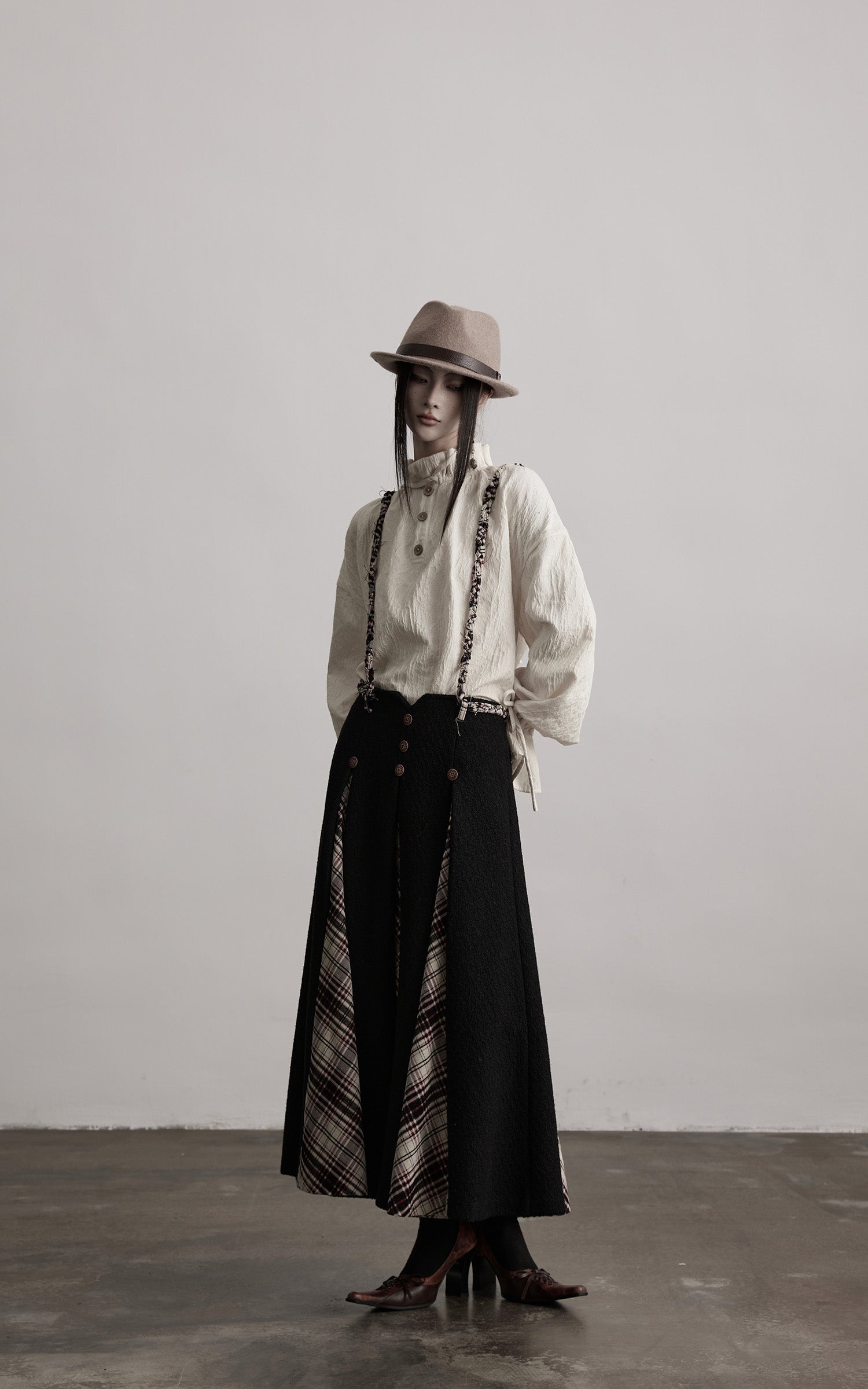 DOINDULGE Panelled Wool Skirt with Braided Trim and Tartan Inserts