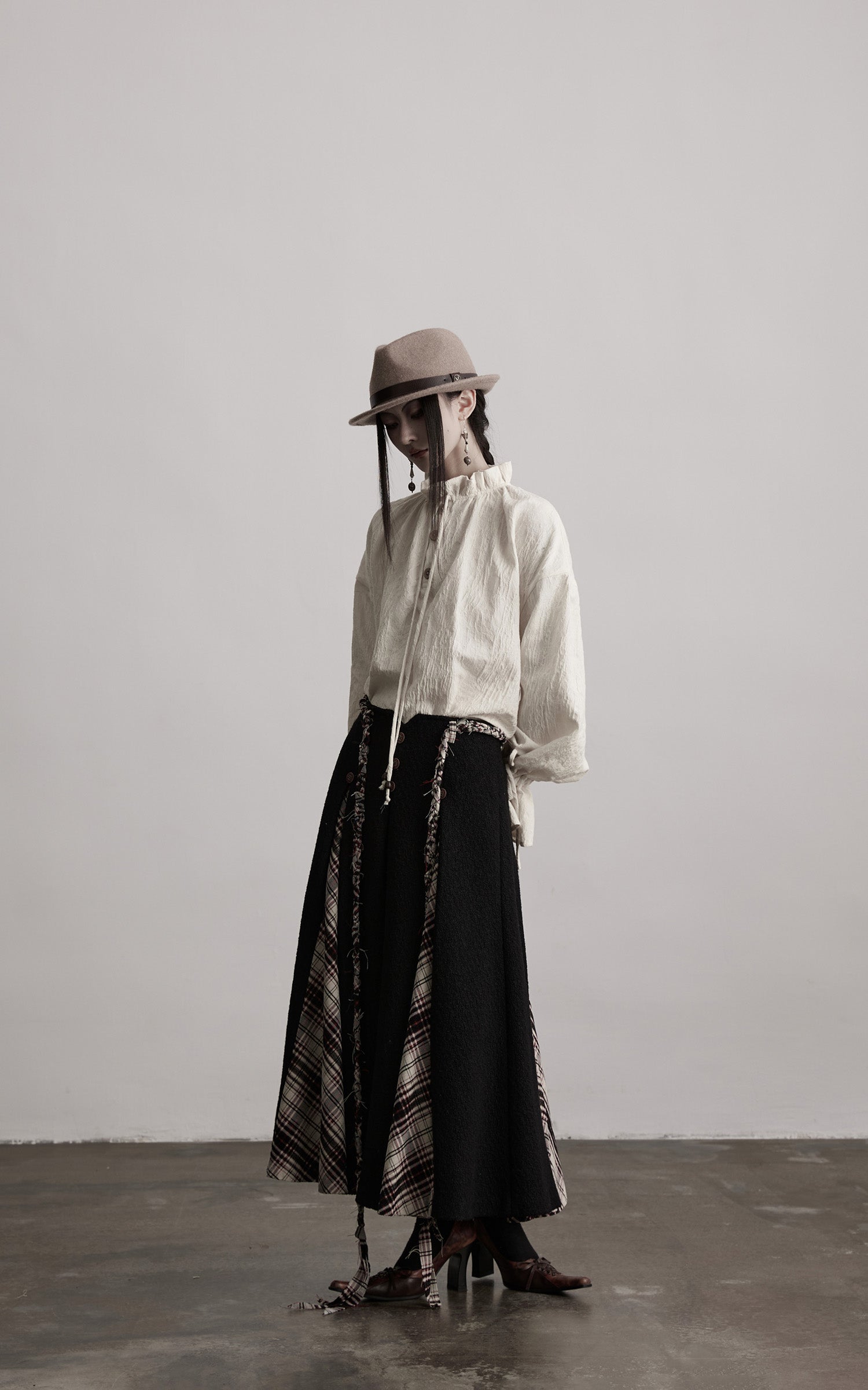 DOINDULGE Panelled Wool Skirt with Braided Trim and Tartan Inserts