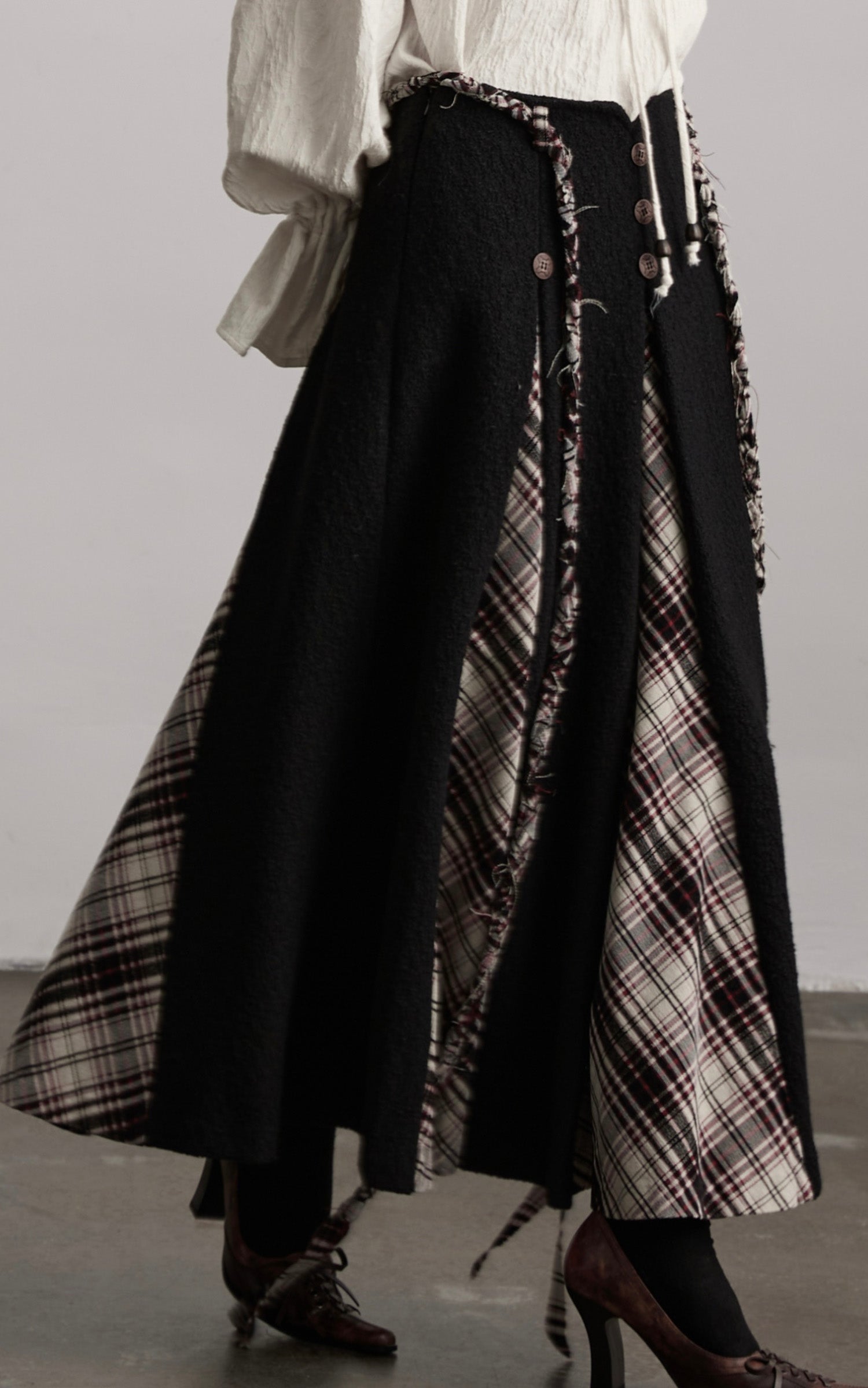 DOINDULGE Panelled Wool Skirt with Braided Trim and Tartan Inserts