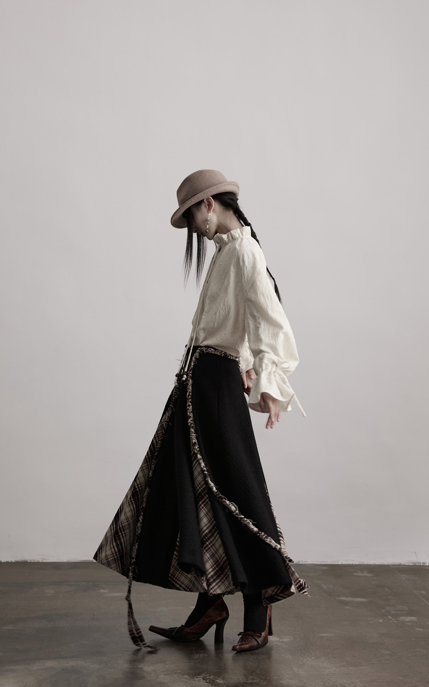 DOINDULGE Panelled Wool Skirt with Braided Trim and Tartan Inserts
