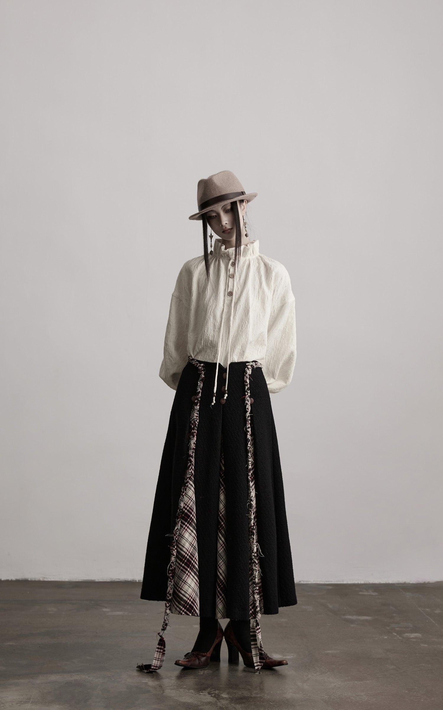 DOINDULGE Panelled Wool Skirt with Braided Trim and Tartan Inserts