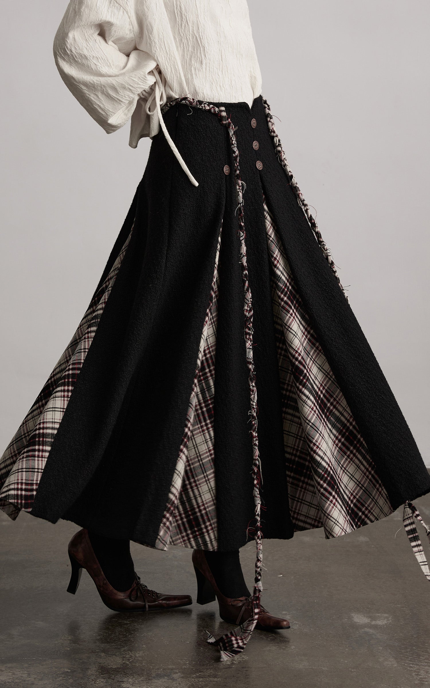 DOINDULGE Panelled Wool Skirt with Braided Trim and Tartan Inserts
