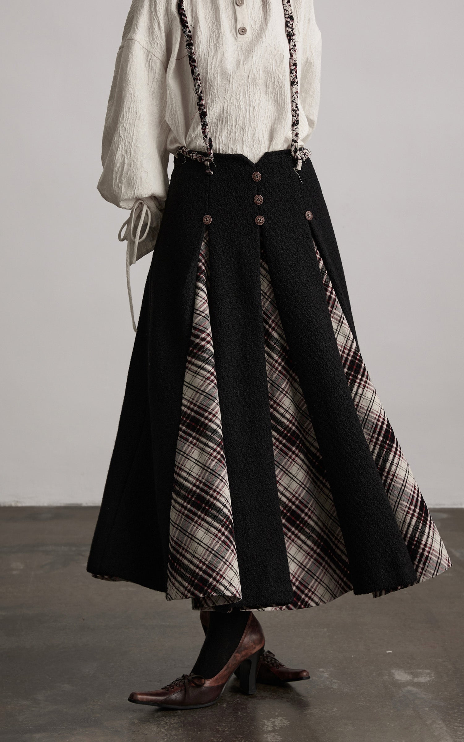 DOINDULGE Panelled Wool Skirt with Braided Trim and Tartan Inserts