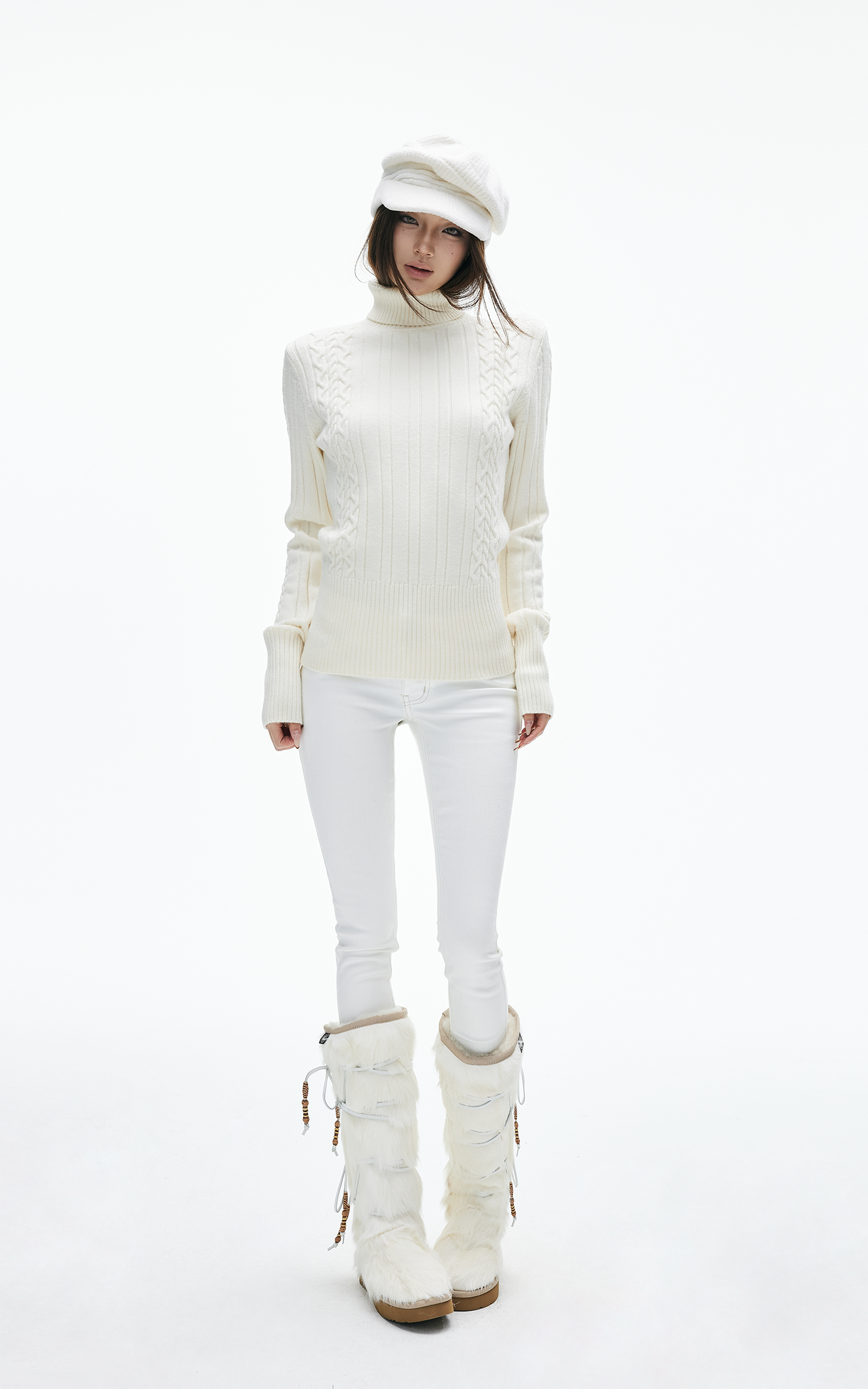 IAMXIAA Pull fin à col roulé côtelé en maille torsadée