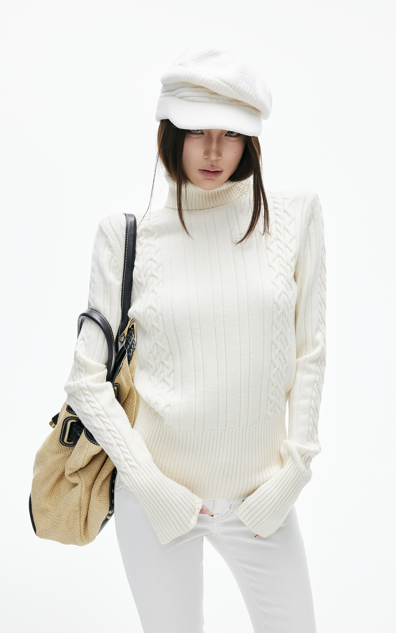 IAMXIAA Pull fin à col roulé côtelé en maille torsadée