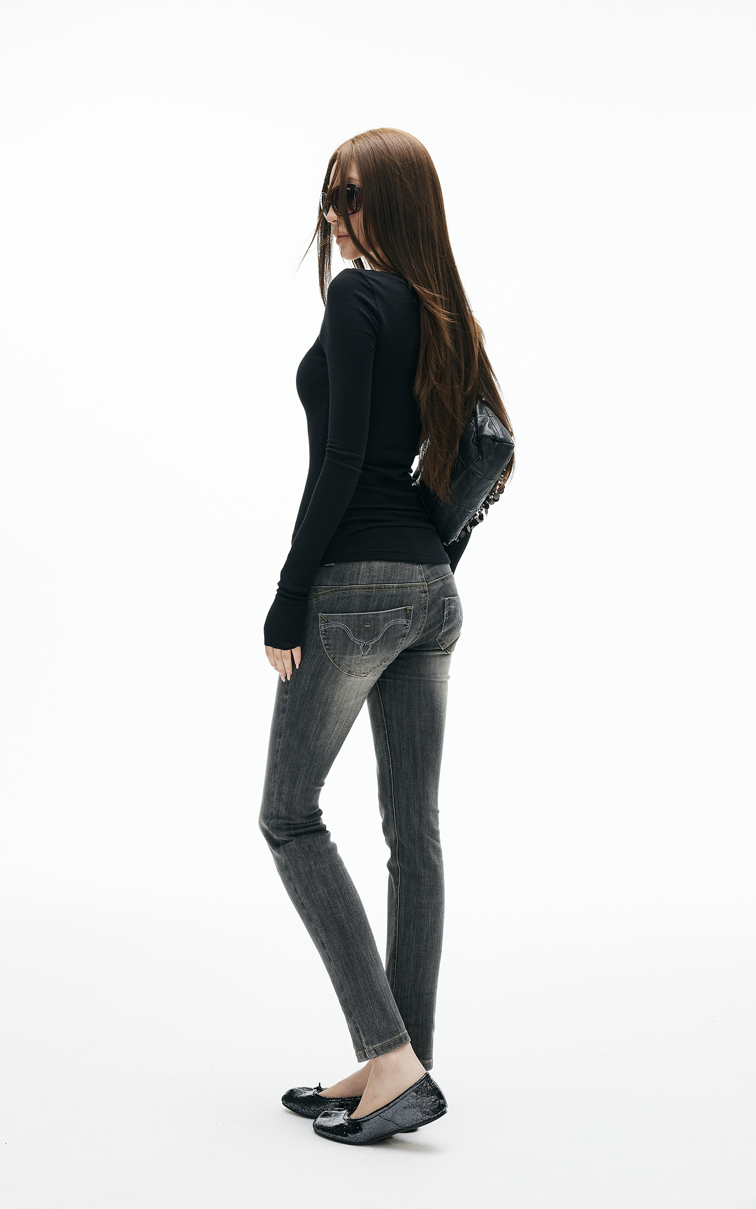 IAMXIAA 페이디드 스키니 로우라이즈 그레이 진