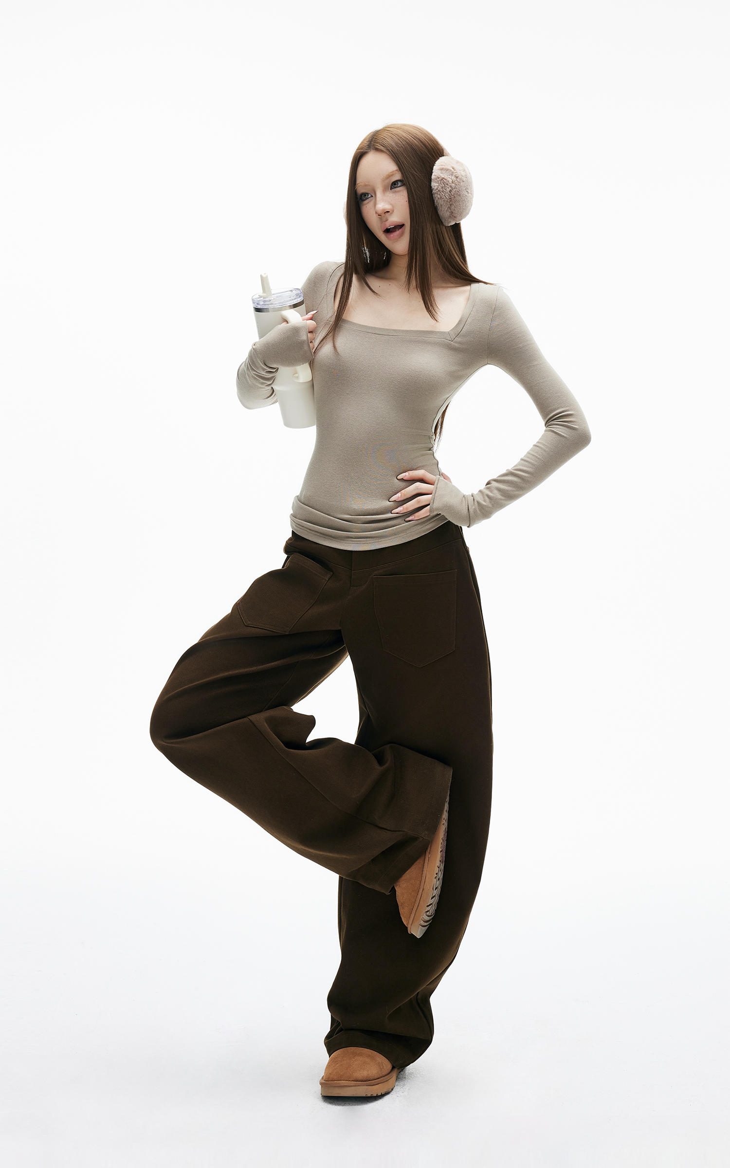 IAMXIAA Haut de base à manches longues et encolure carrée