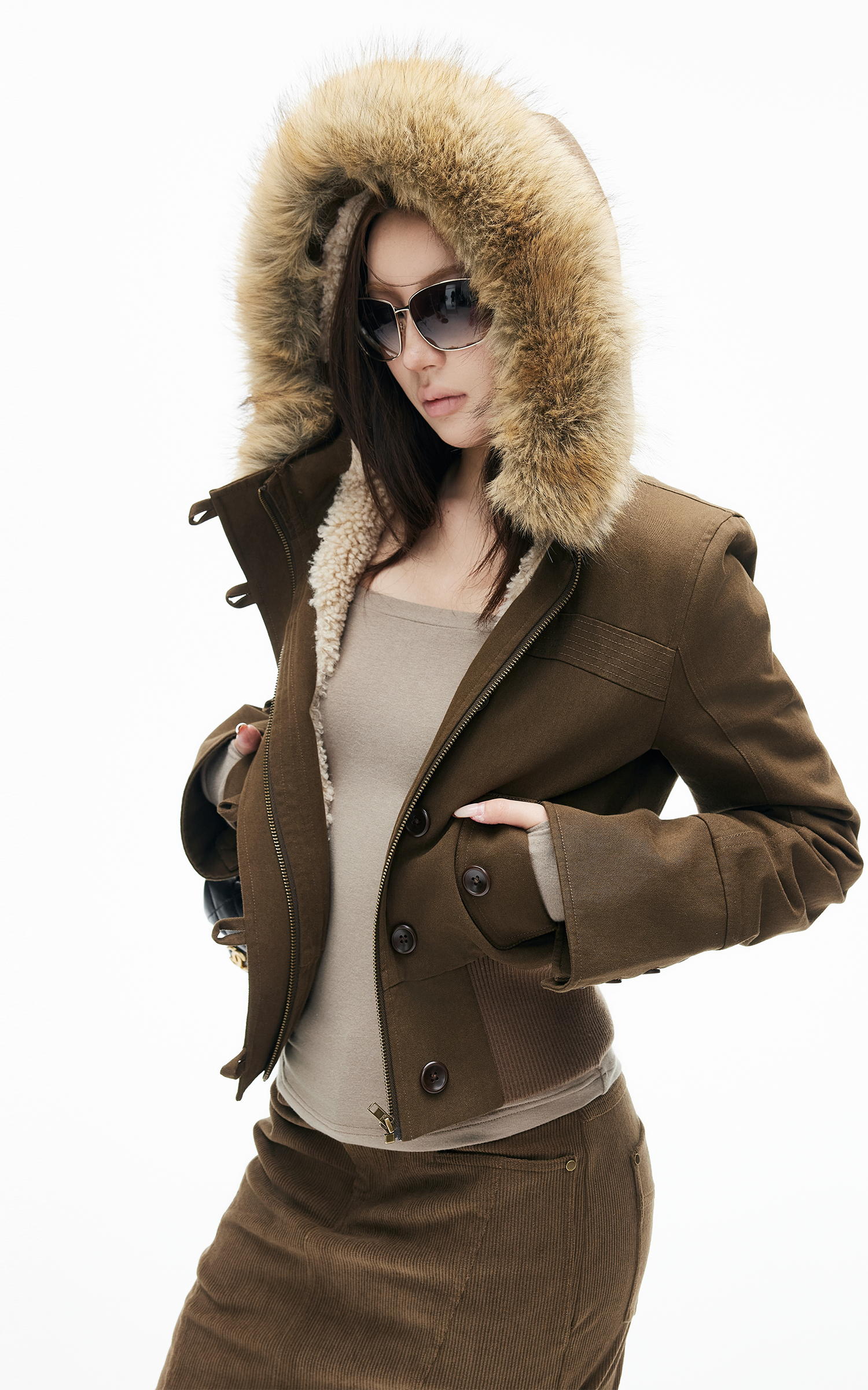 IAMXIAA Faux Fur Hooded Cropped Jacket