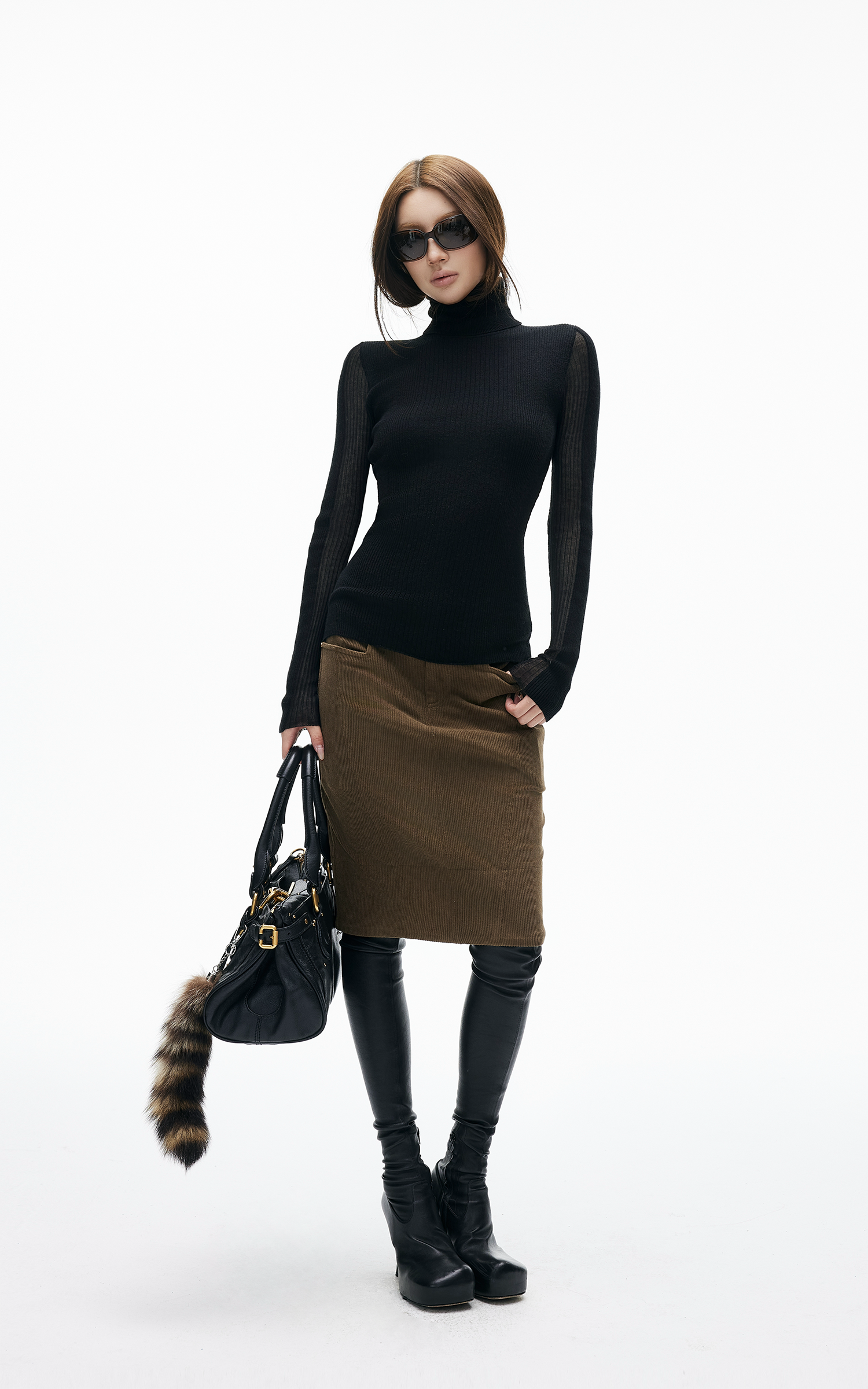 IAMXIAA 하이웨이스트 코듀로이 바디콘 미디 스커트