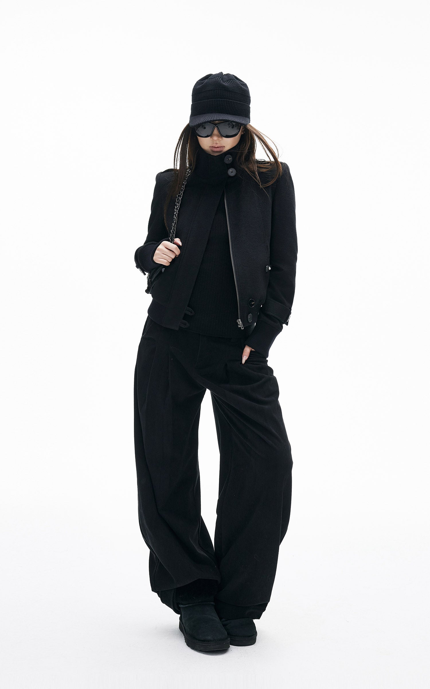 IAMXIAA 골지 와이드 레그 캐주얼 팬츠