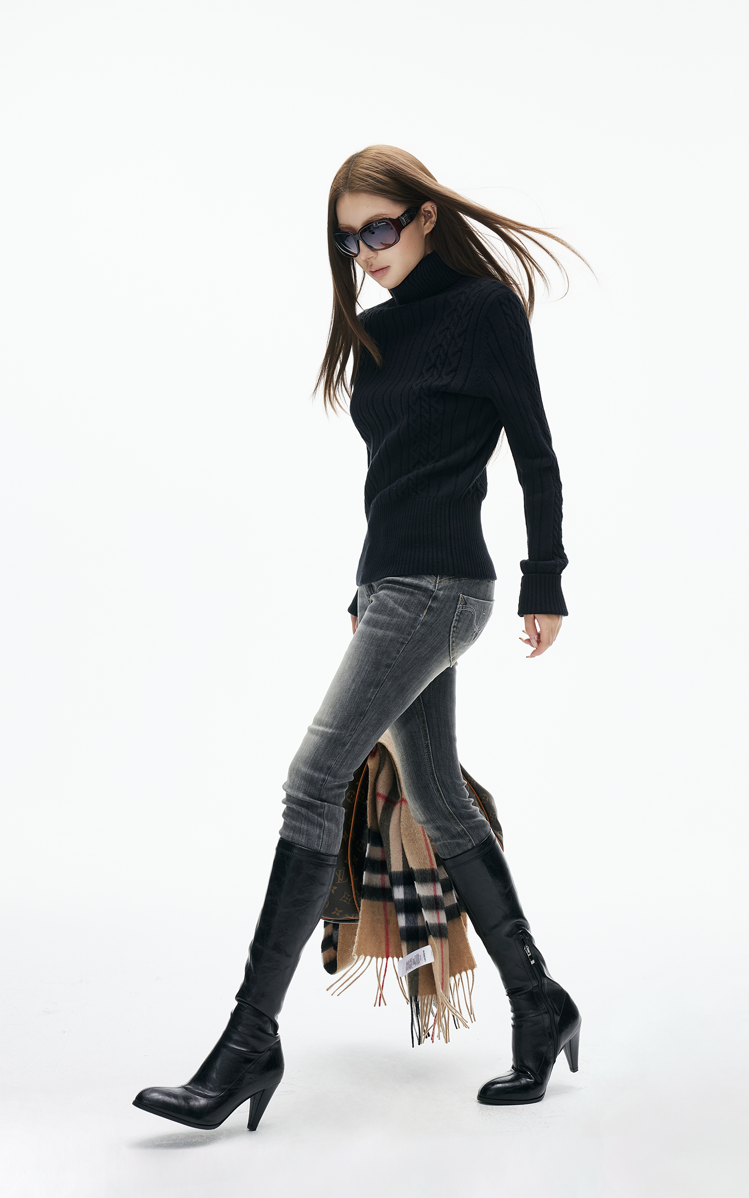 IAMXIAA Pull fin à col roulé côtelé en maille torsadée