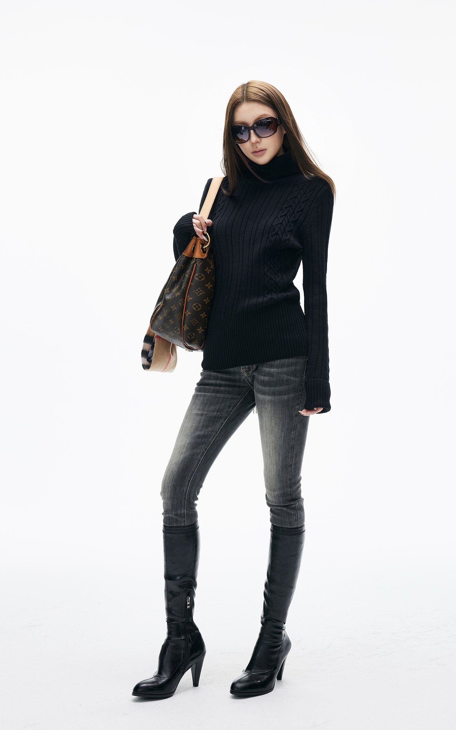 IAMXIAA Pull fin à col roulé côtelé en maille torsadée