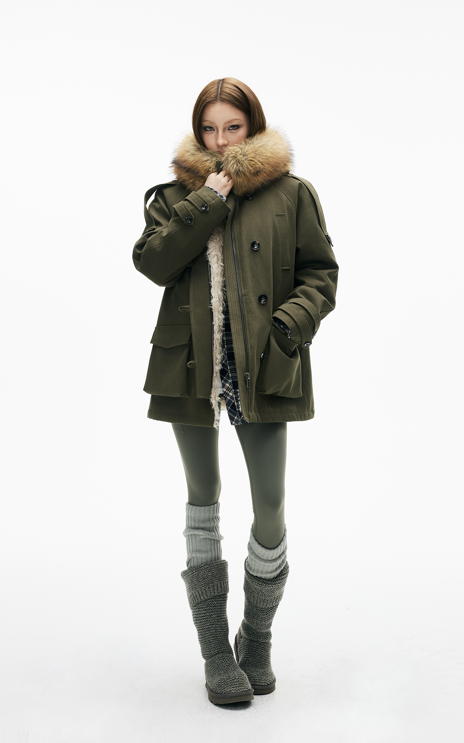 IAMXIAA Faux Fur Hooded Utility Jacket