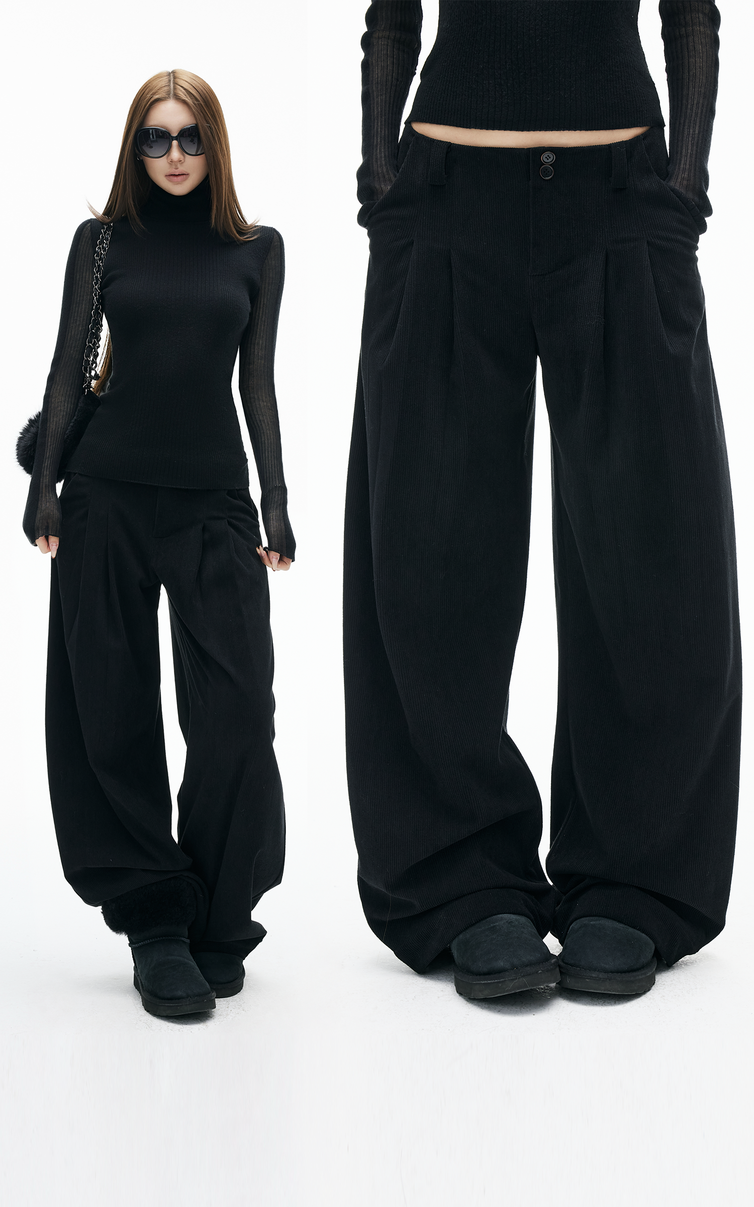 IAMXIAA 골지 와이드 레그 캐주얼 팬츠