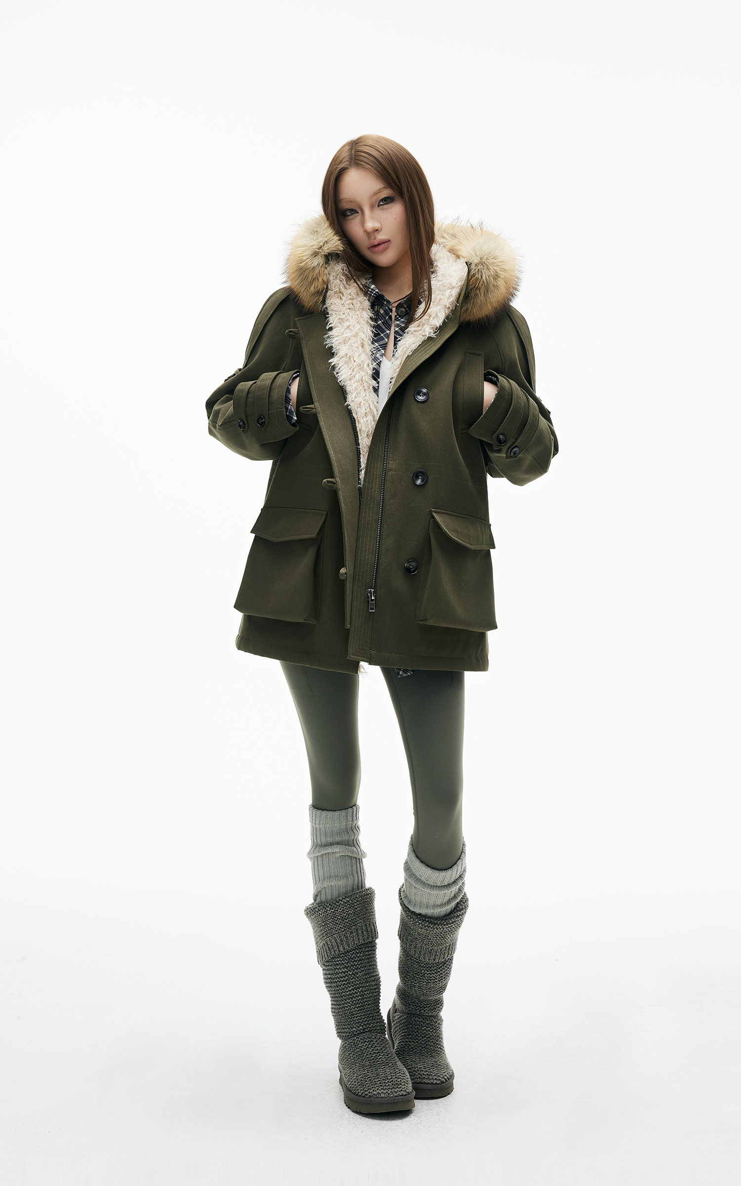 IAMXIAA Faux Fur Hooded Utility Jacket