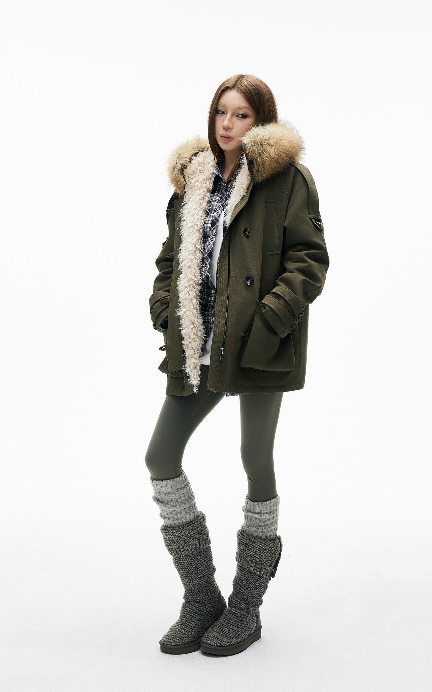 IAMXIAA Faux Fur Hooded Utility Jacket