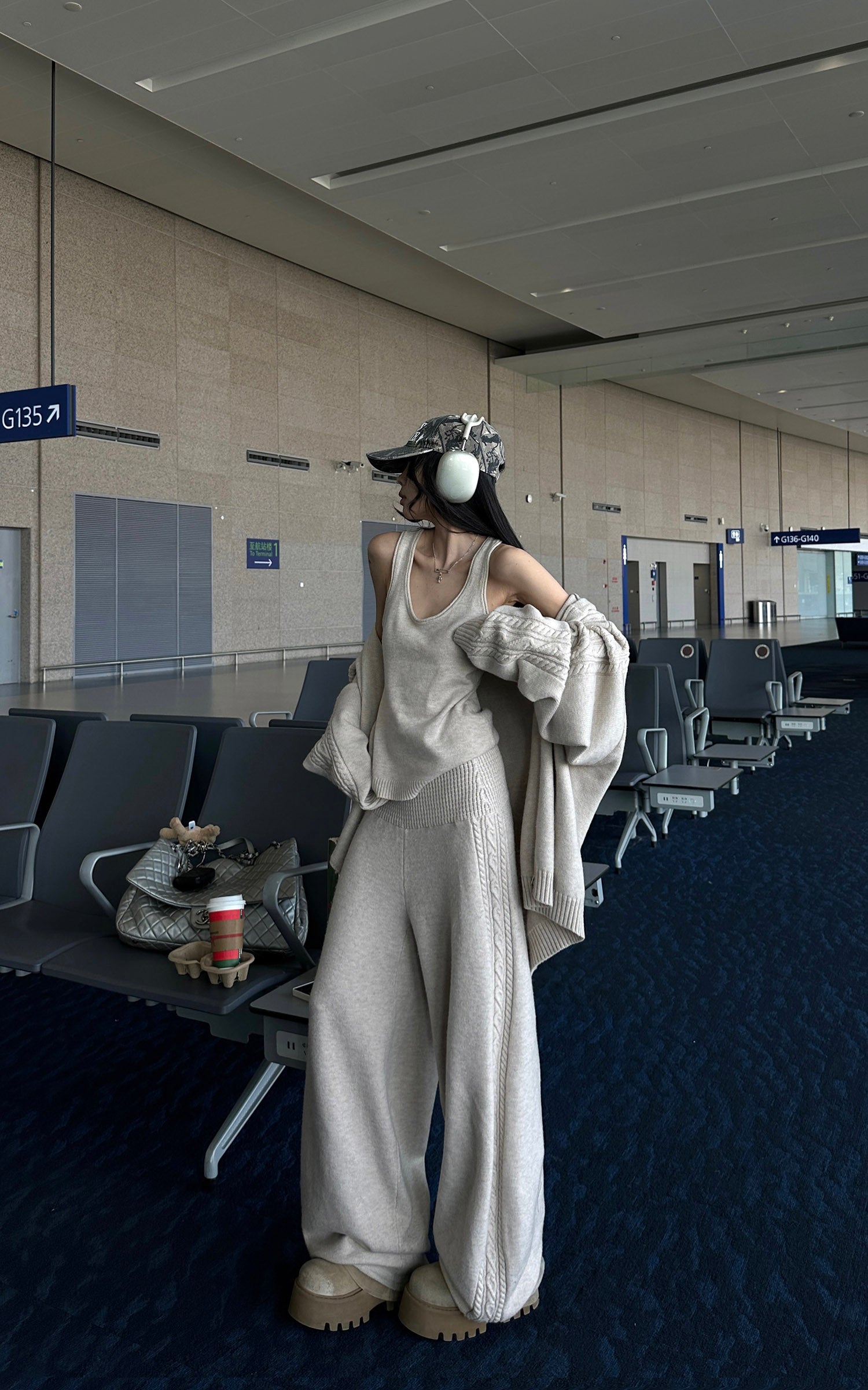 WARDEN EDGE Knit Cardigan Tank and Wide Leg Pants Set