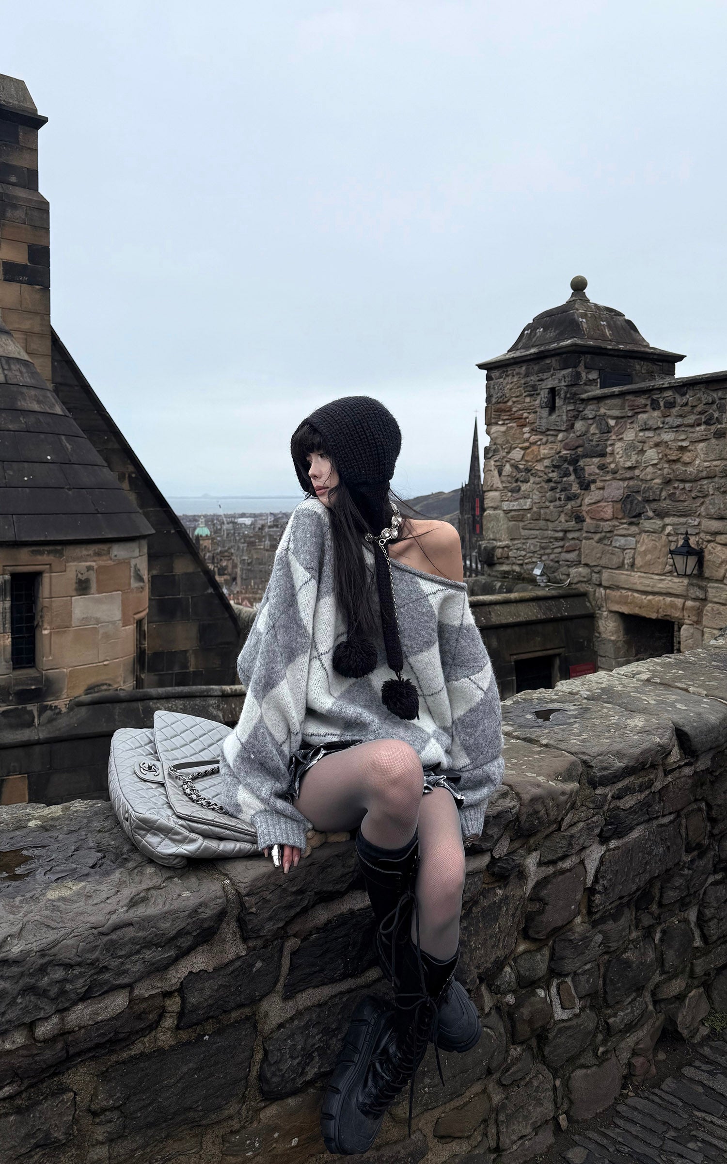 WARDEN EDGE Argyle Off Shoulder Oversized Knit Sweater