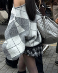 WARDEN EDGE Argyle Off Shoulder Oversized Knit Sweater