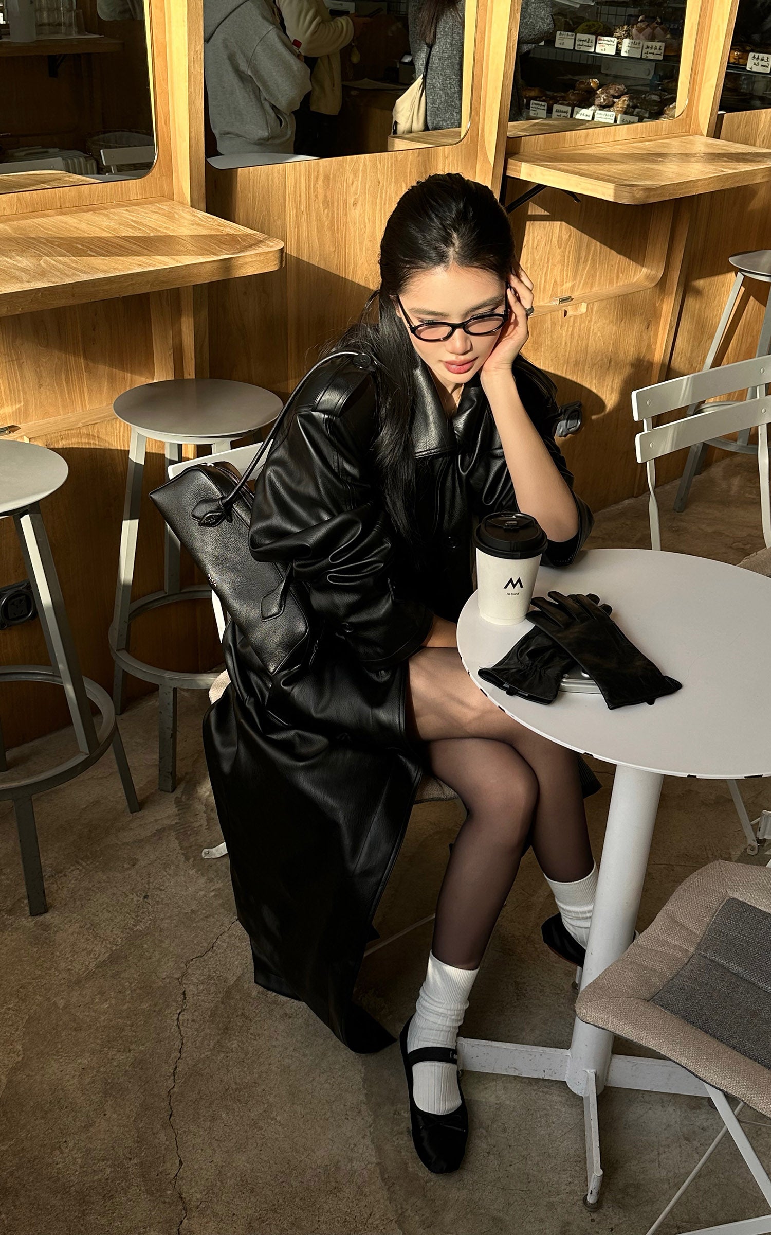 ROVENTE High-Neck Leather Long Coat